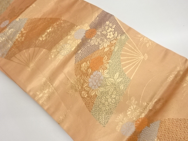 扇に秋草・古典柄模様織出し名古屋帯